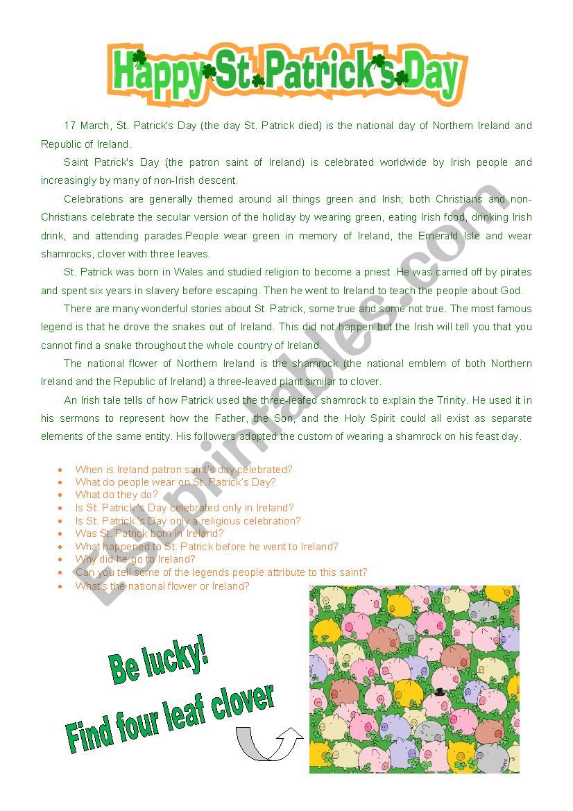 st patricks story worksheet