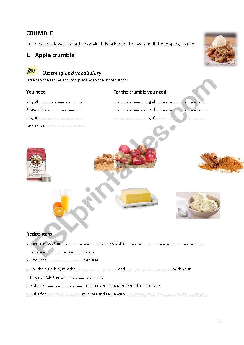 Recipe Apple Crumble worksheet