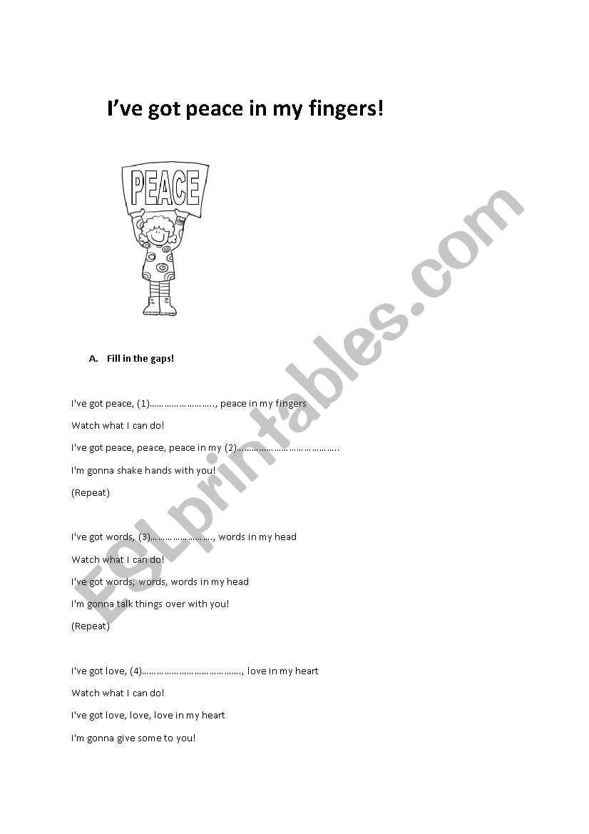 Ive got peace in my fingers song worksheet
