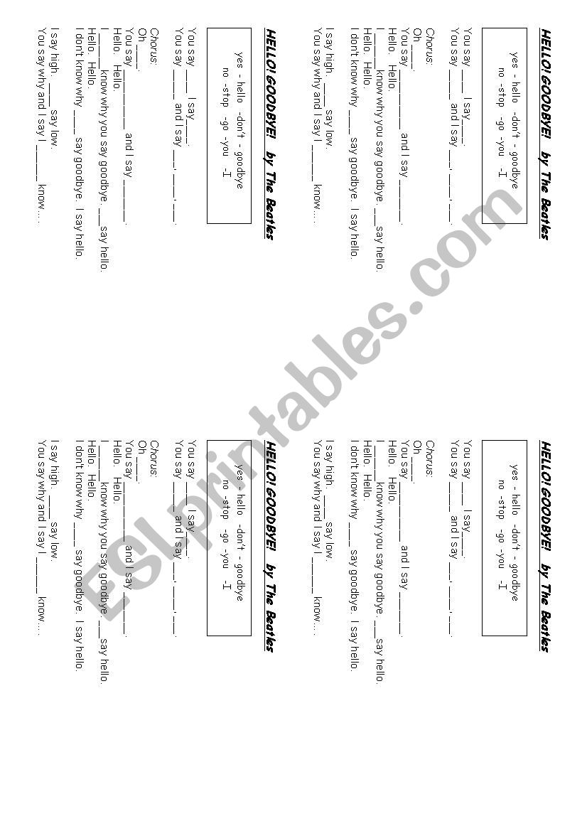 Hello by the beatles worksheet