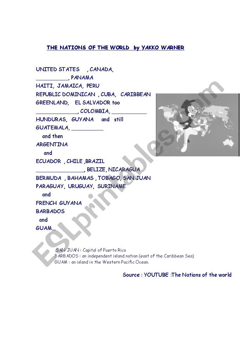 Nations od the world-song worksheet