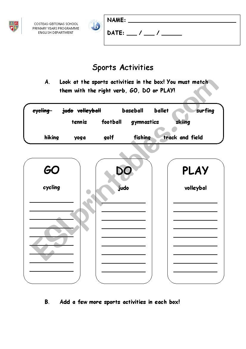 Sports activities (go / do / play) - ESL worksheet by ChristinaTz
