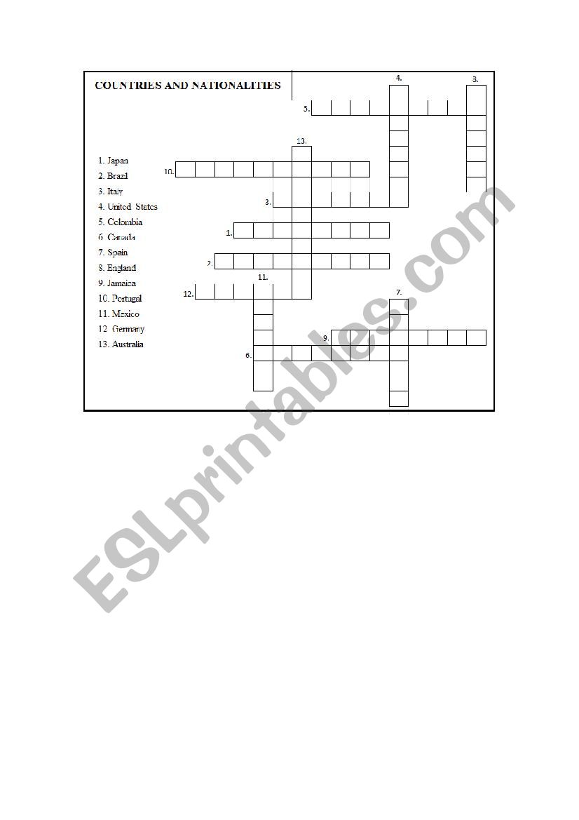 Crossword Country and Nationality ESL worksheet by Nathalia Alberto