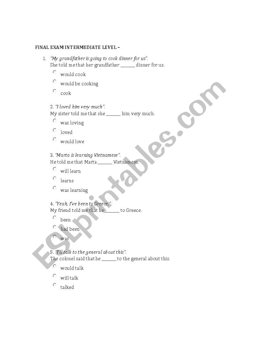 reported speech exercises multiple choice pdf