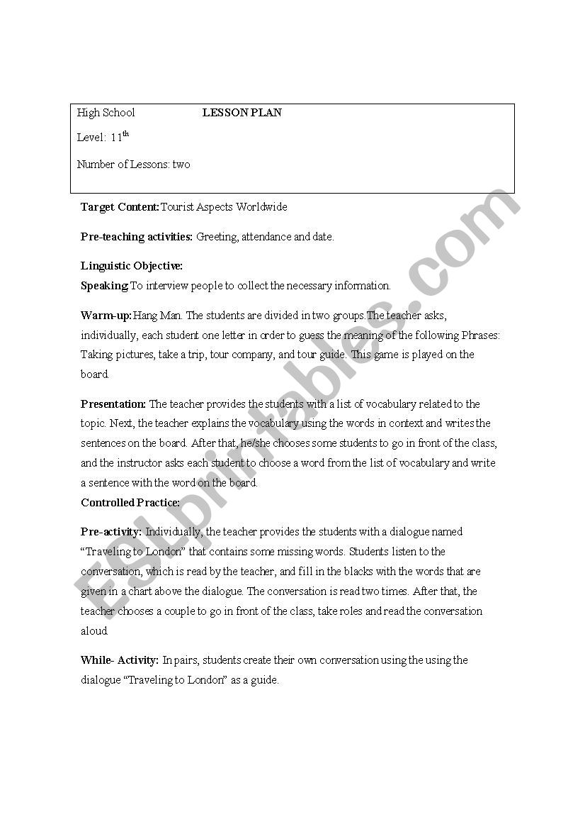 Tourist Aspects Worldwide  worksheet