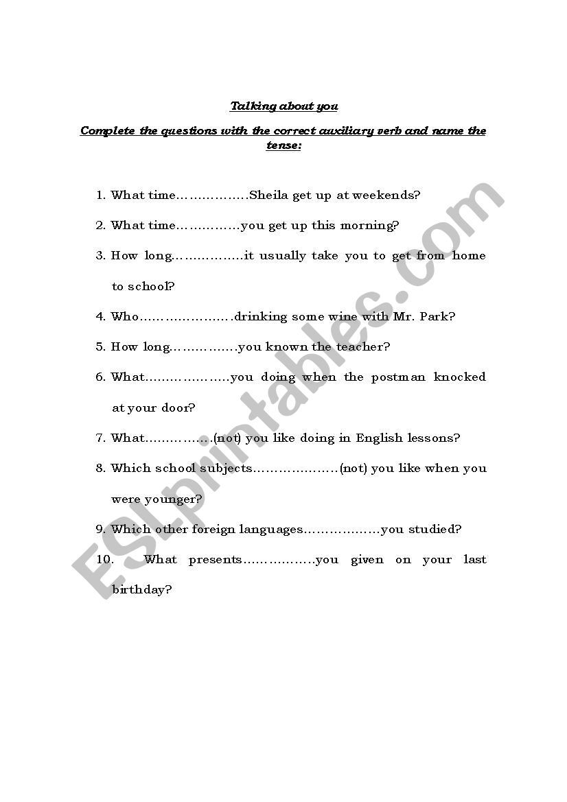 Questions about you worksheet