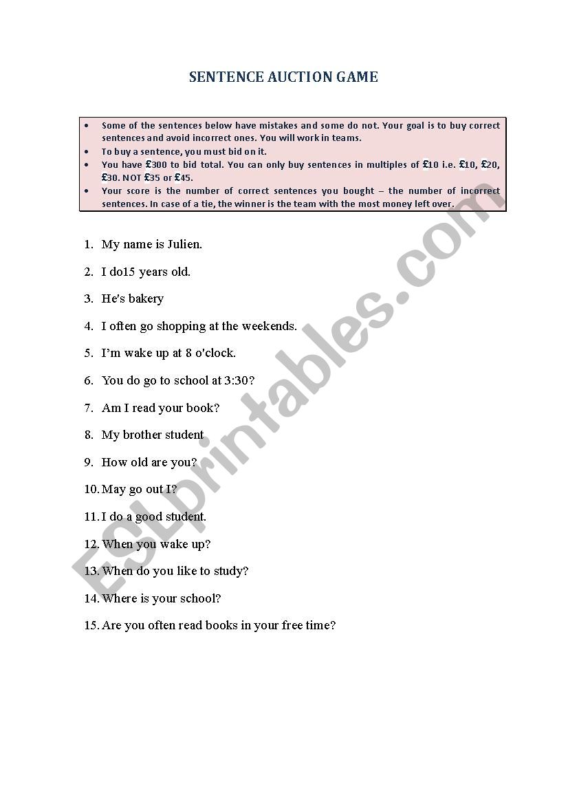 Present Simple auction game worksheet