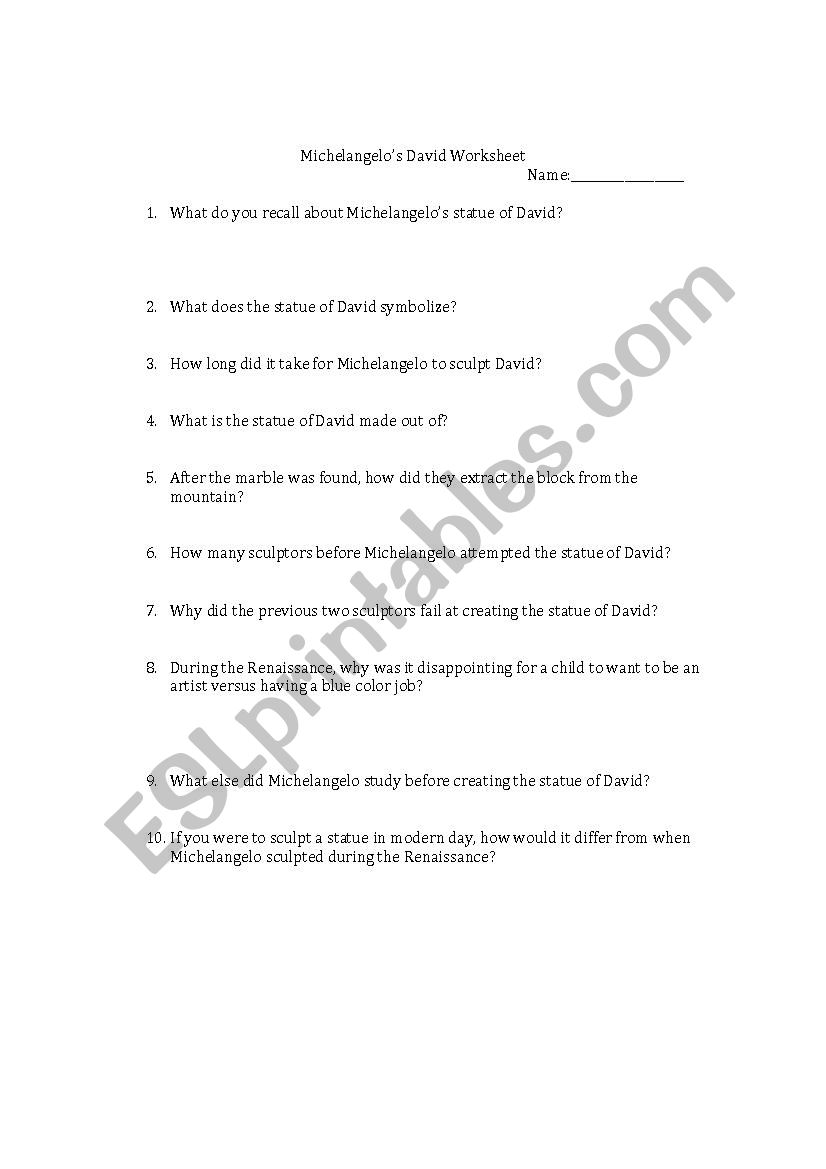 Michaelangelos David worksheet