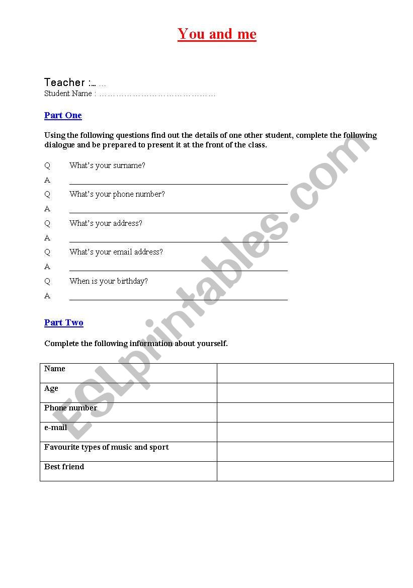 you and me worksheet