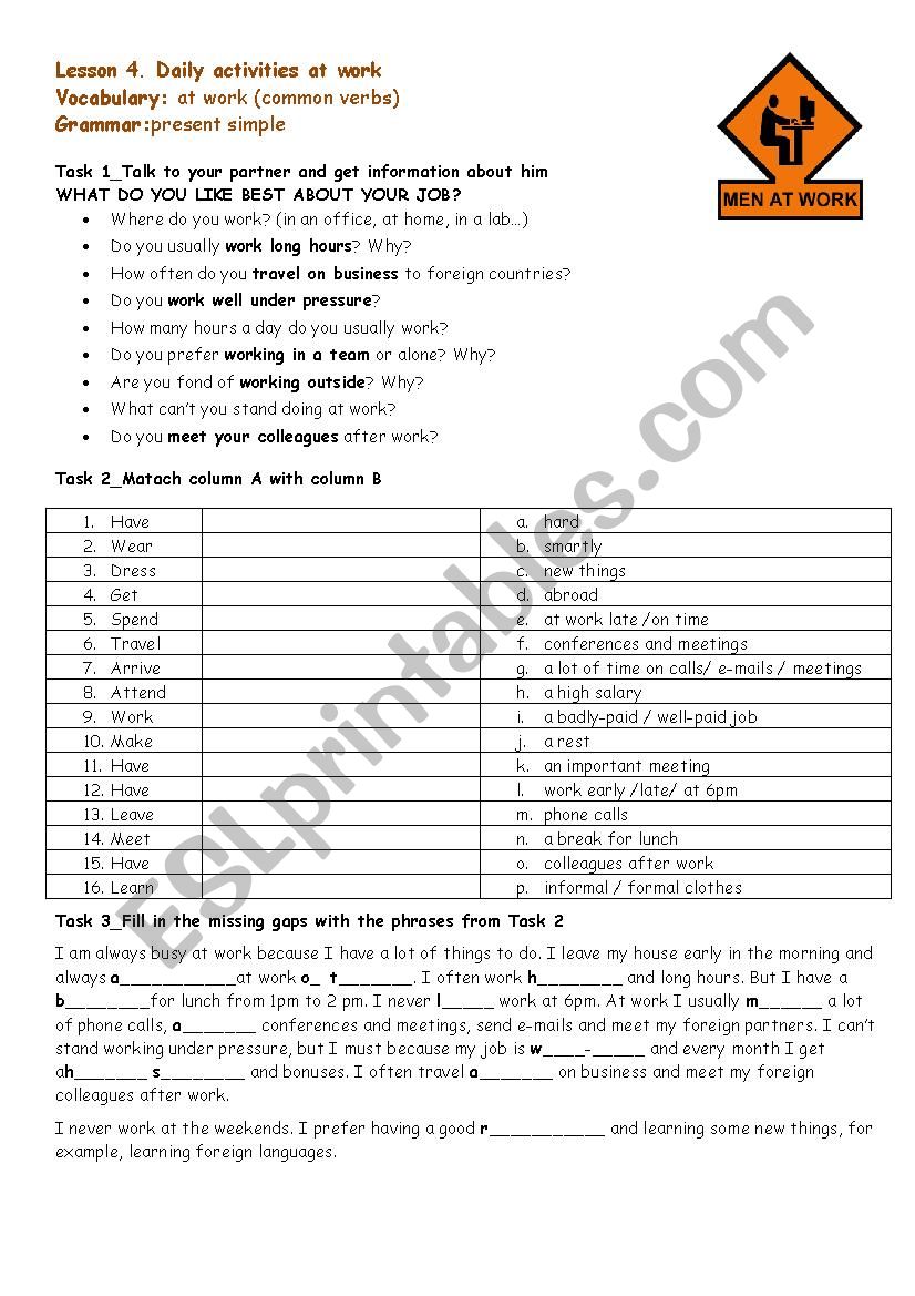 Activities at work_Elementary worksheet