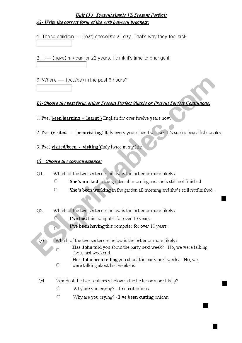 present perfect worksheet