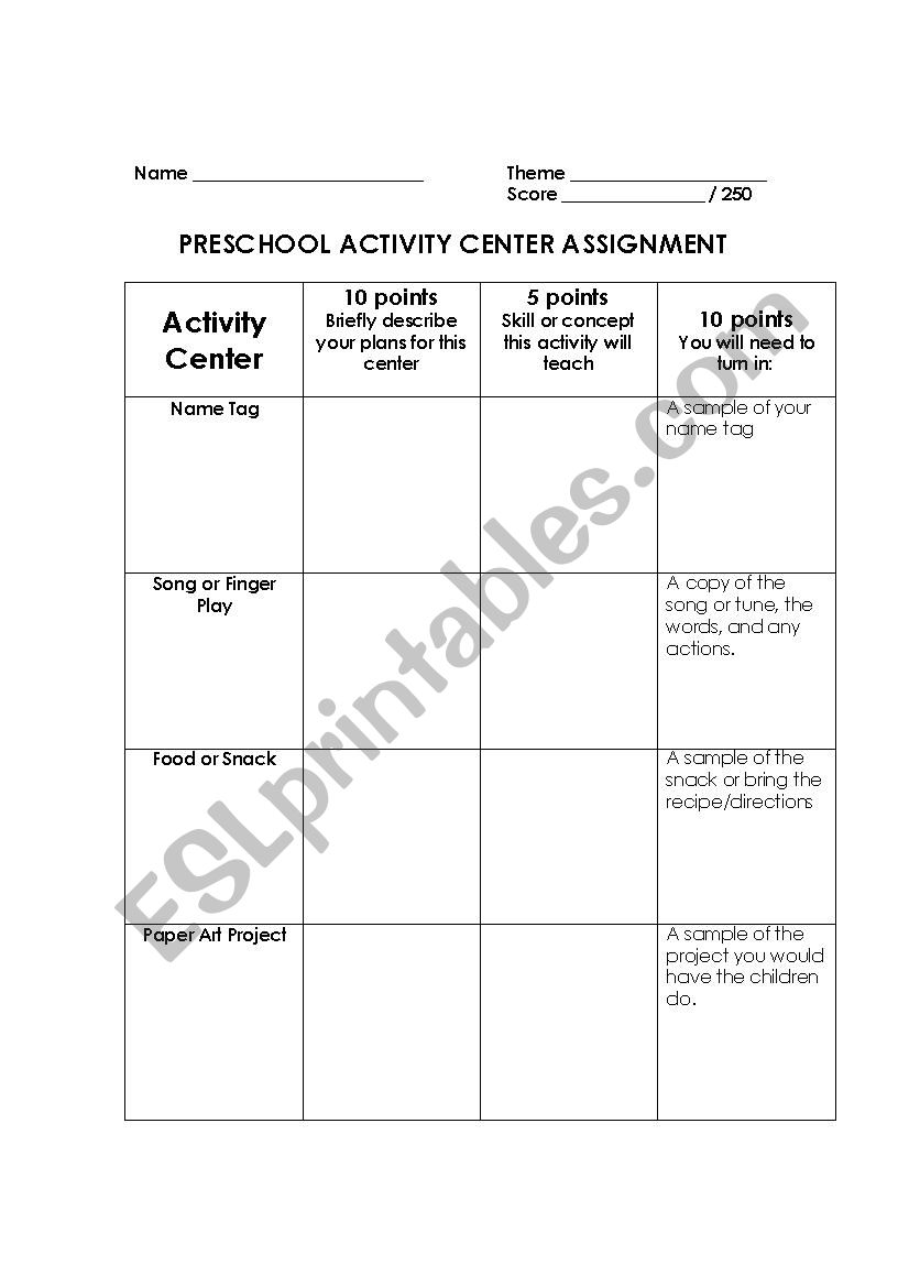 Preschool Activity Centers worksheet