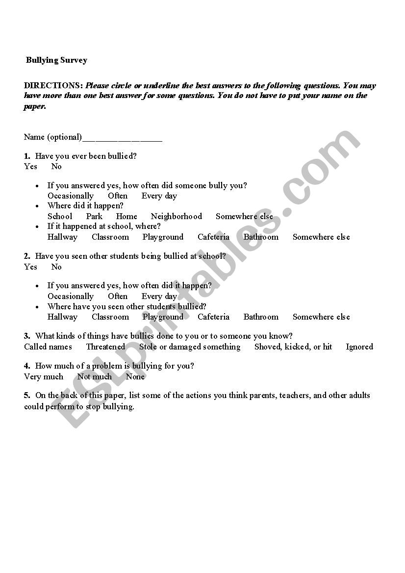 Bullying Survey worksheet