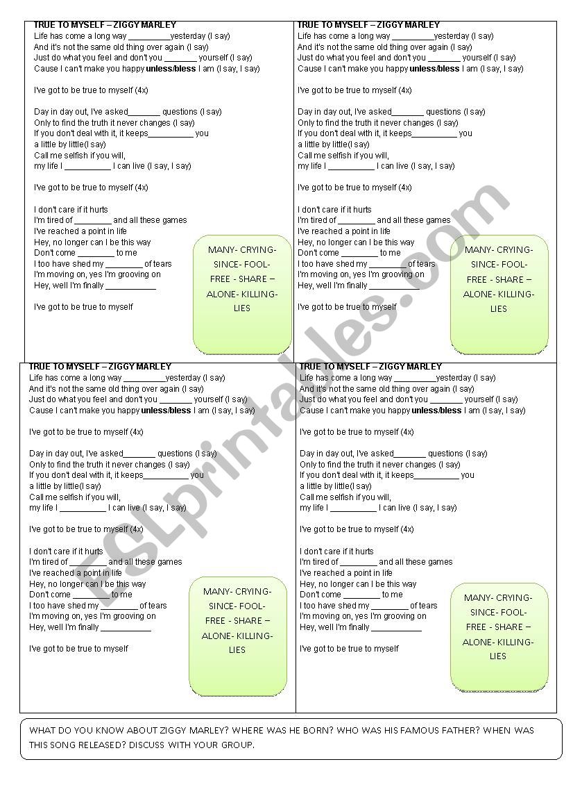 SONG TRUE TO MYSELF worksheet