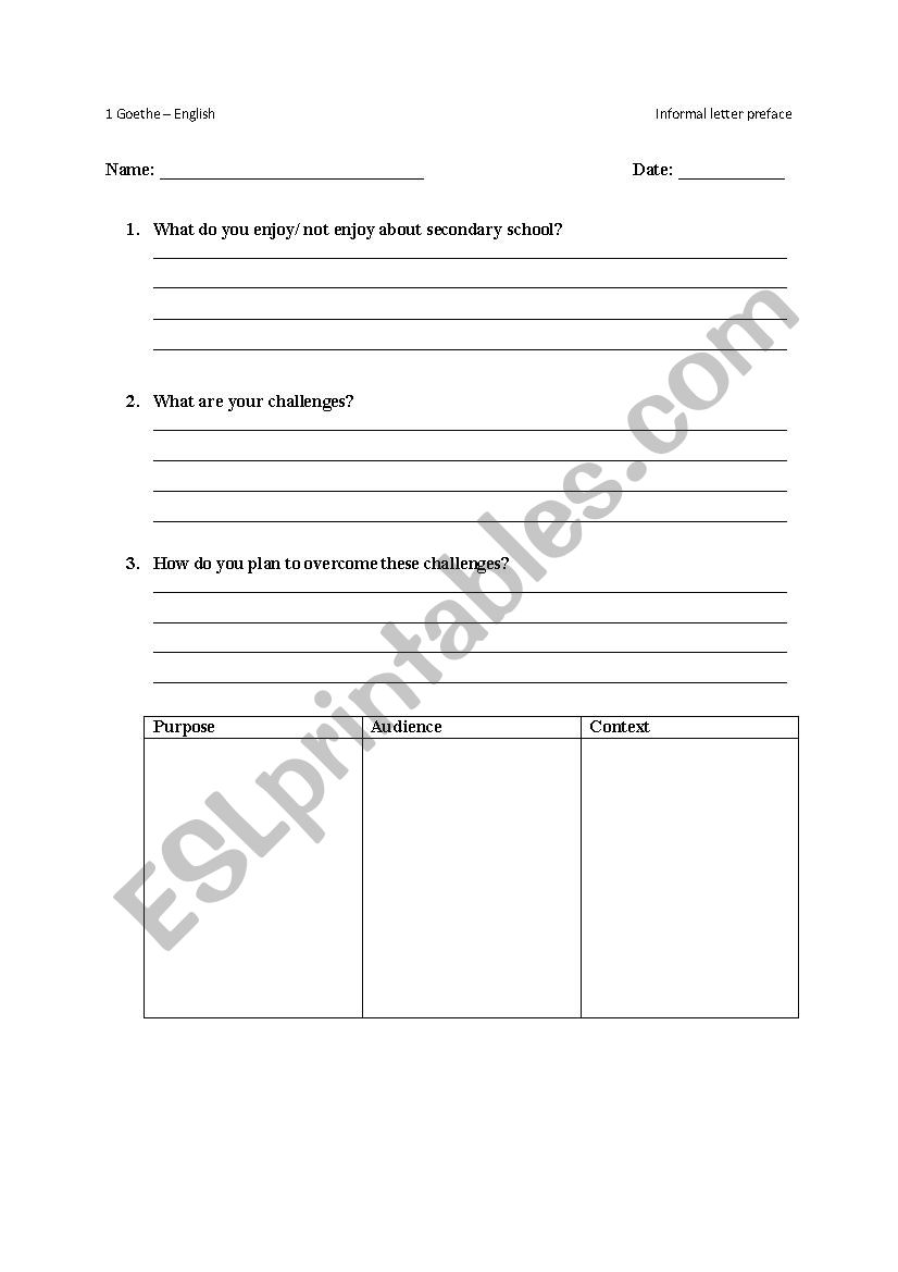 Informal letter preface worksheet