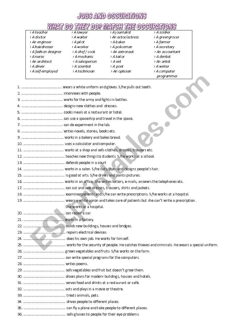 JOBS & OCCUPATIONS worksheet