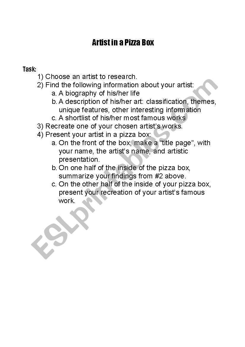 Artist in a pizza box project worksheet