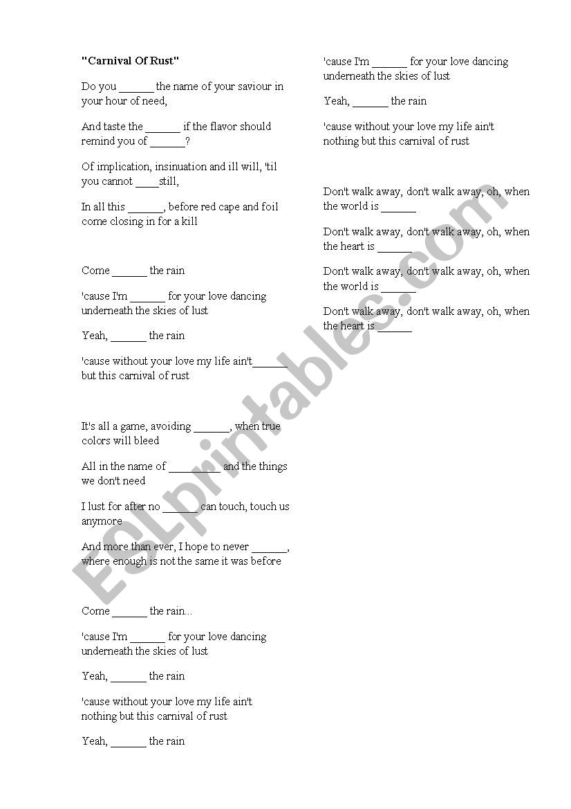 Carnival of Rust worksheet