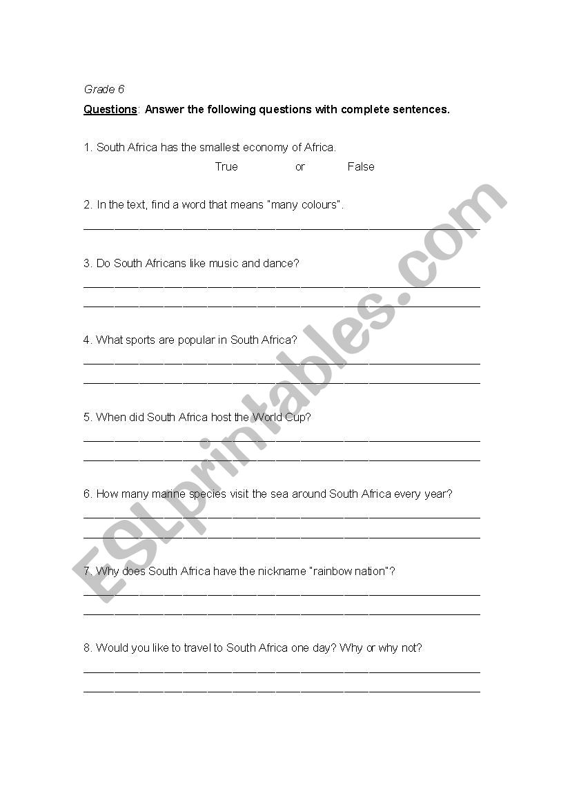 reading comprehension on south africa esl worksheet by cloeg