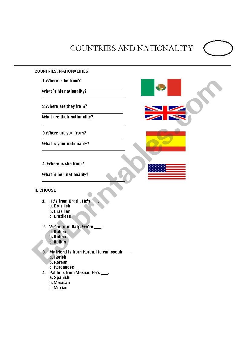 COUNTRIES AND NATIONALITY worksheet