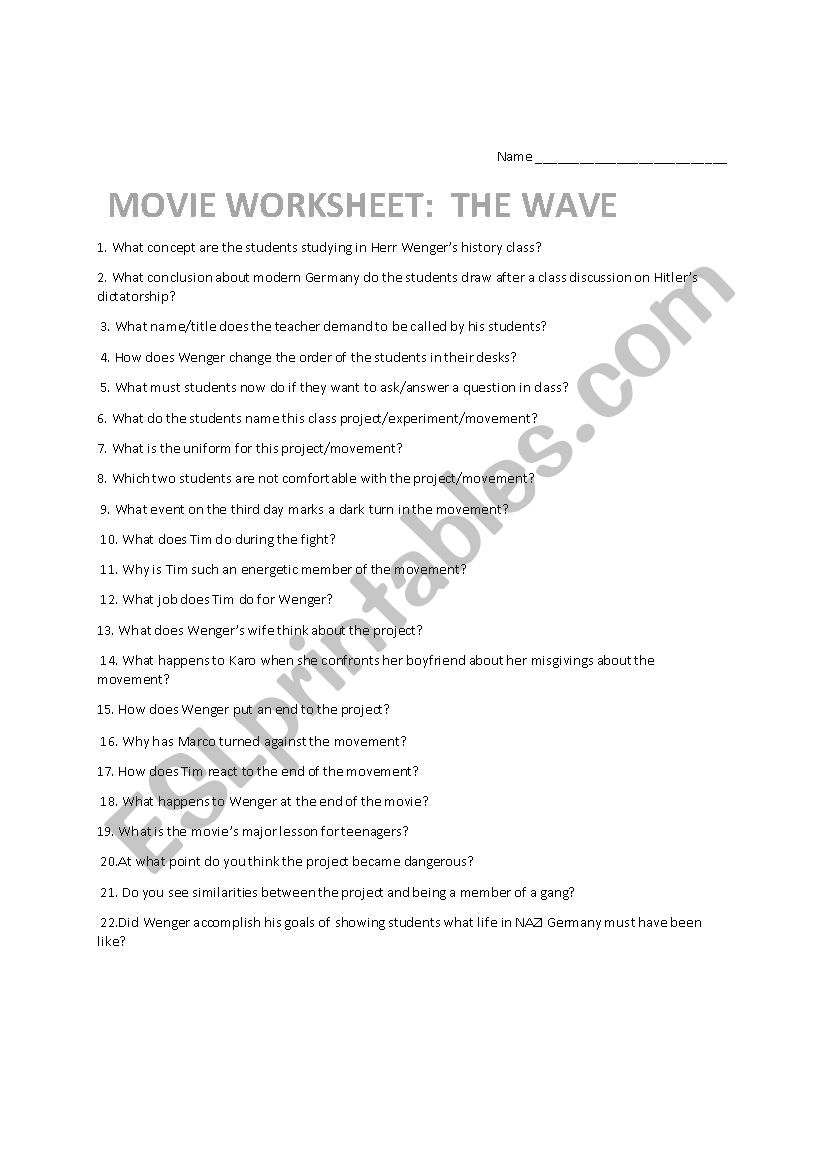 Movie Worksheet :  The Wave worksheet