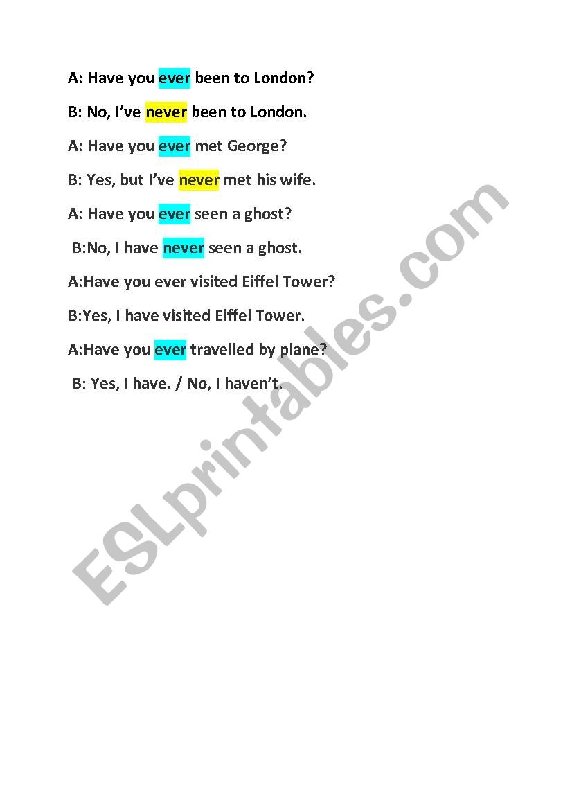 present perfect ever-never worksheet