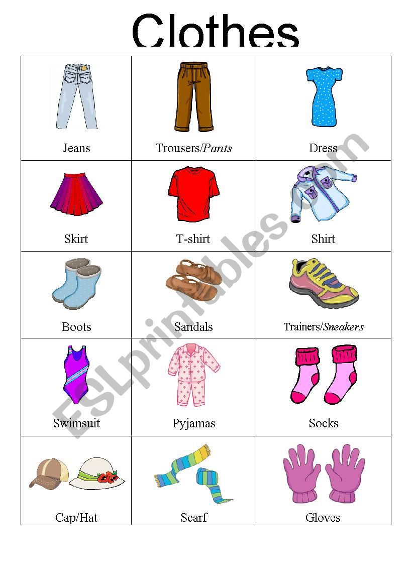 Vocabulary List Clothes - ESL worksheet by clumsydodie