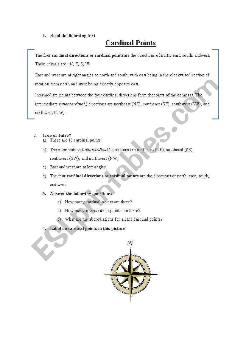 cardinal points worksheet