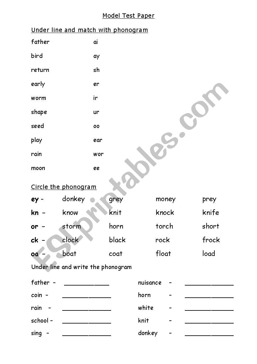 Model Test Paper-phonogram worksheet