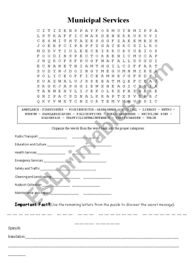 Municipal Services Fun worksheet