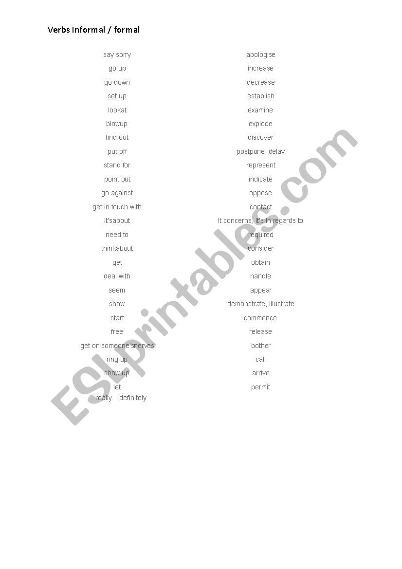 Formal and informal verbs worksheet