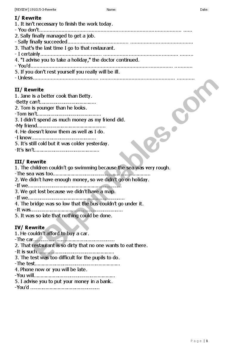 Review Rewrite worksheet