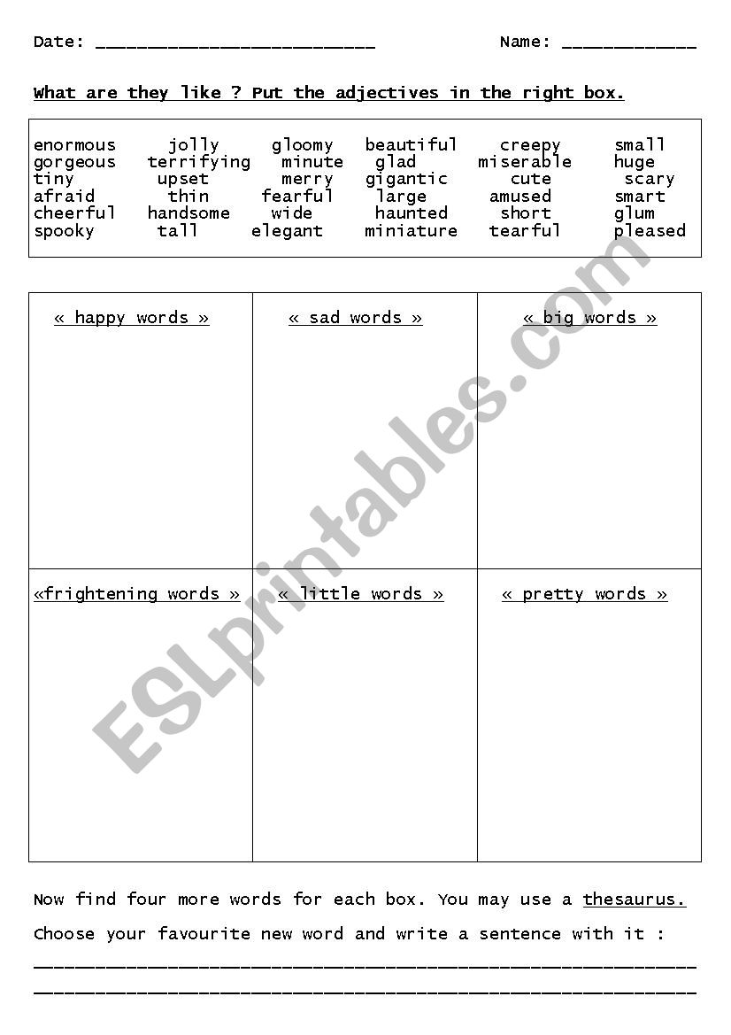 Sorting adjectives worksheet