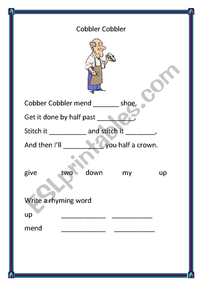 cobbler cobbler worksheet