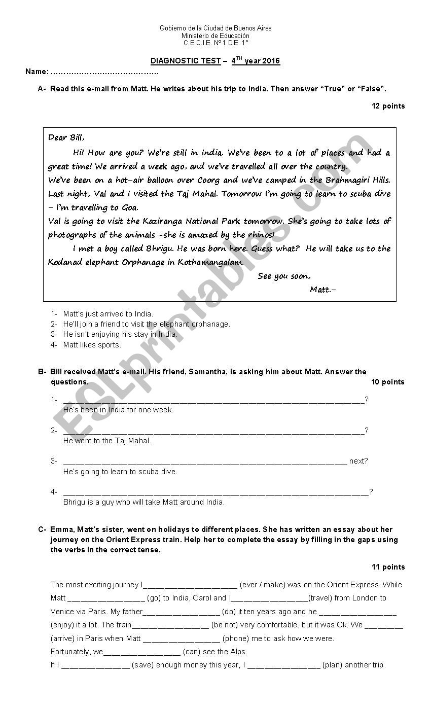 Elementary Test worksheet