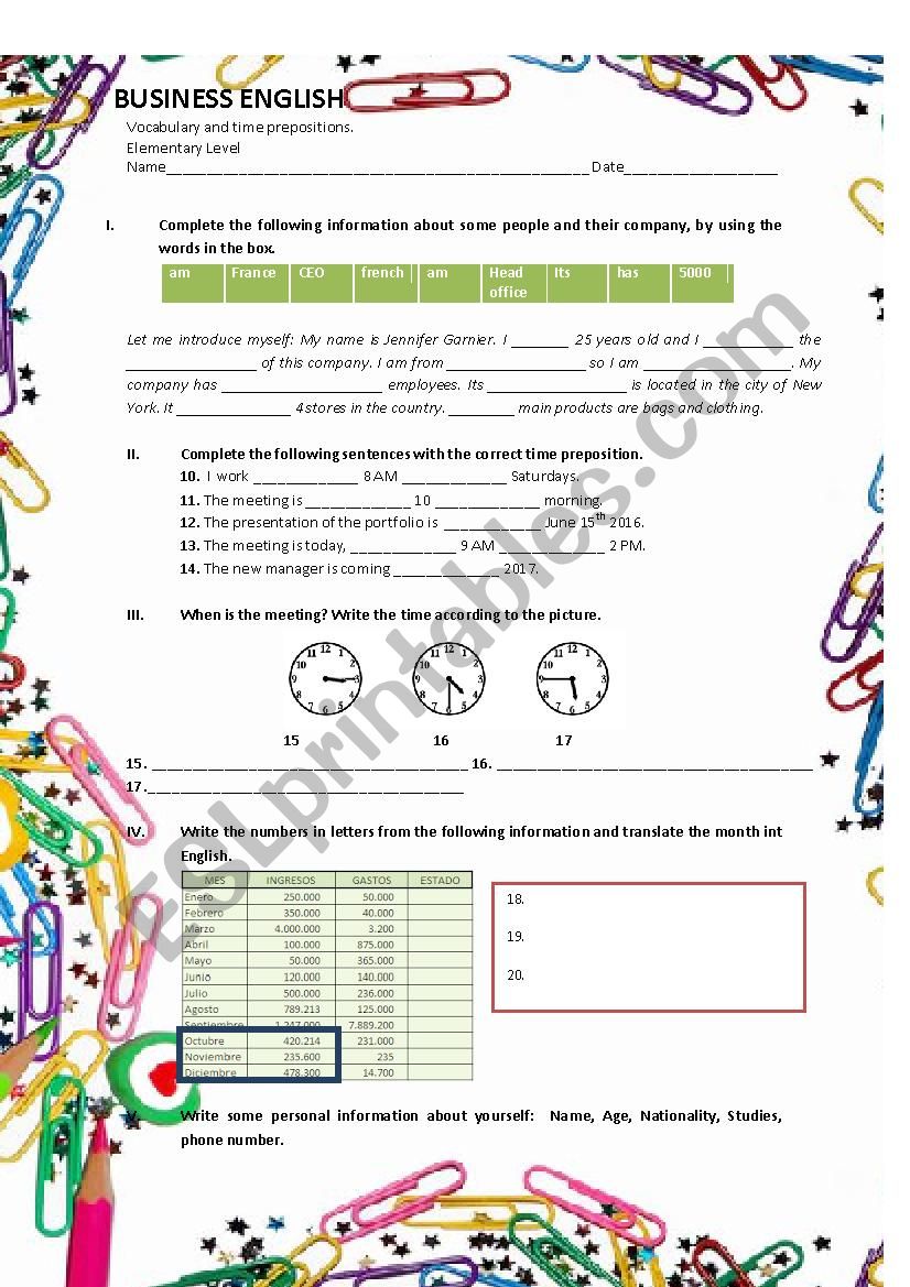 Business English Esl Efl Esol Worksheets From Handouts Vocabulary 