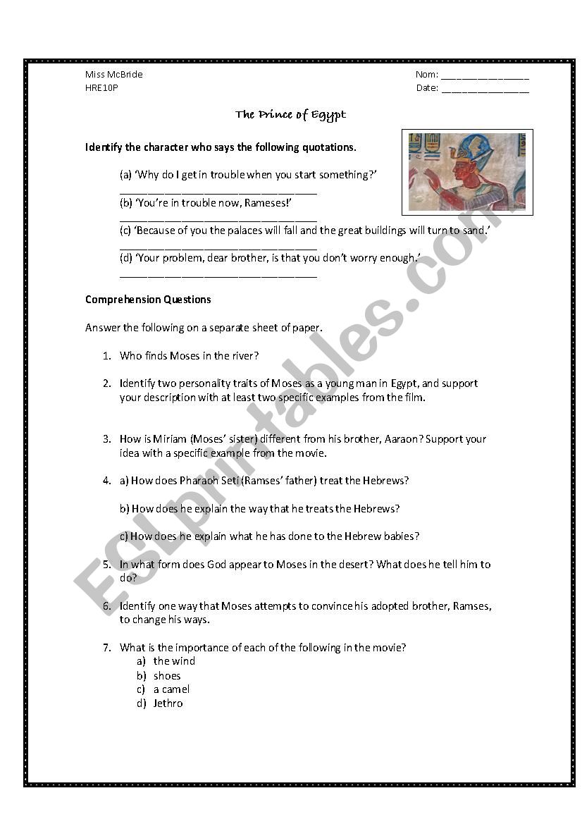 prince of egypt questions worksheet