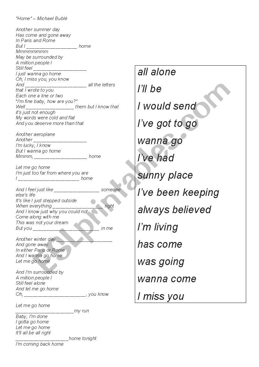 Michael Buble - Home song and nurser…: English ESL worksheets pdf