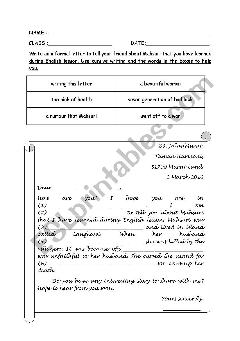 WRITING MAHSURI LEGEND  worksheet