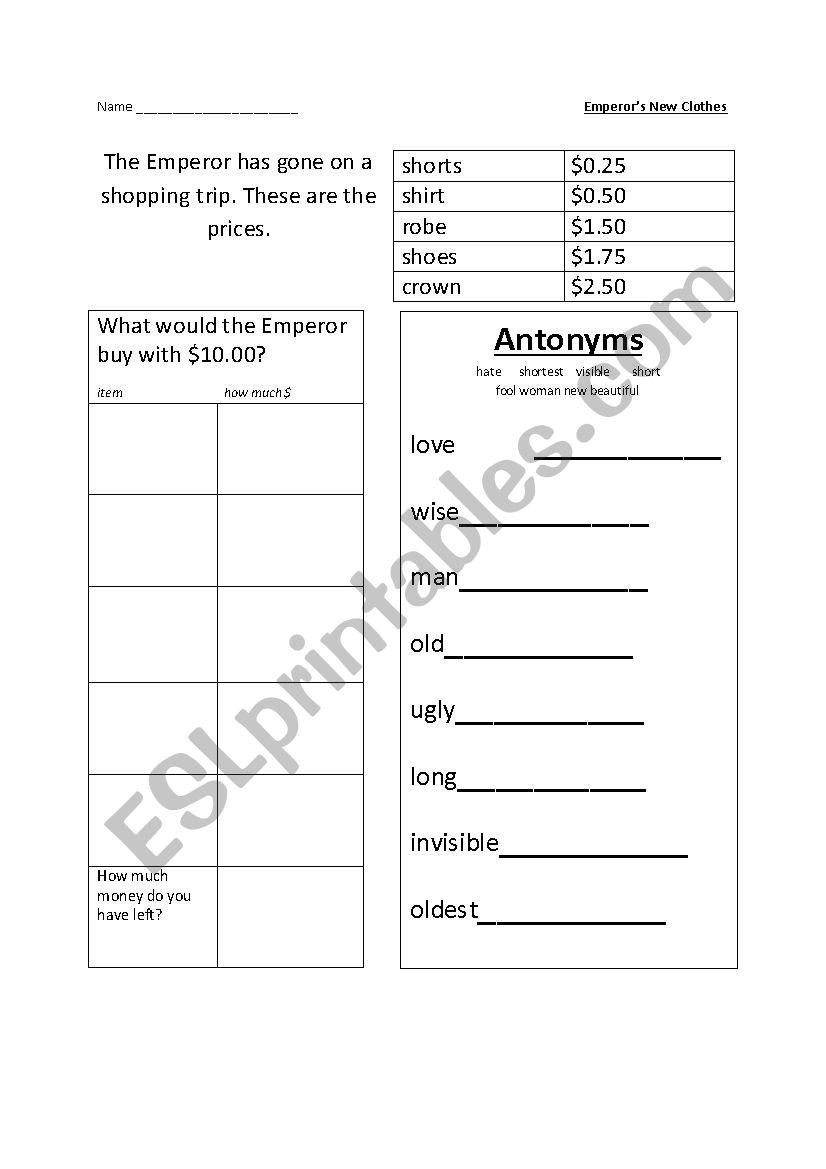 Emperor New Clothes  worksheet