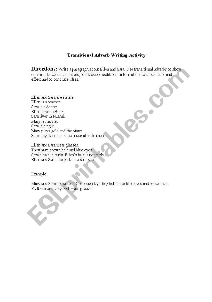 Transitional Adverbs Writing Activity