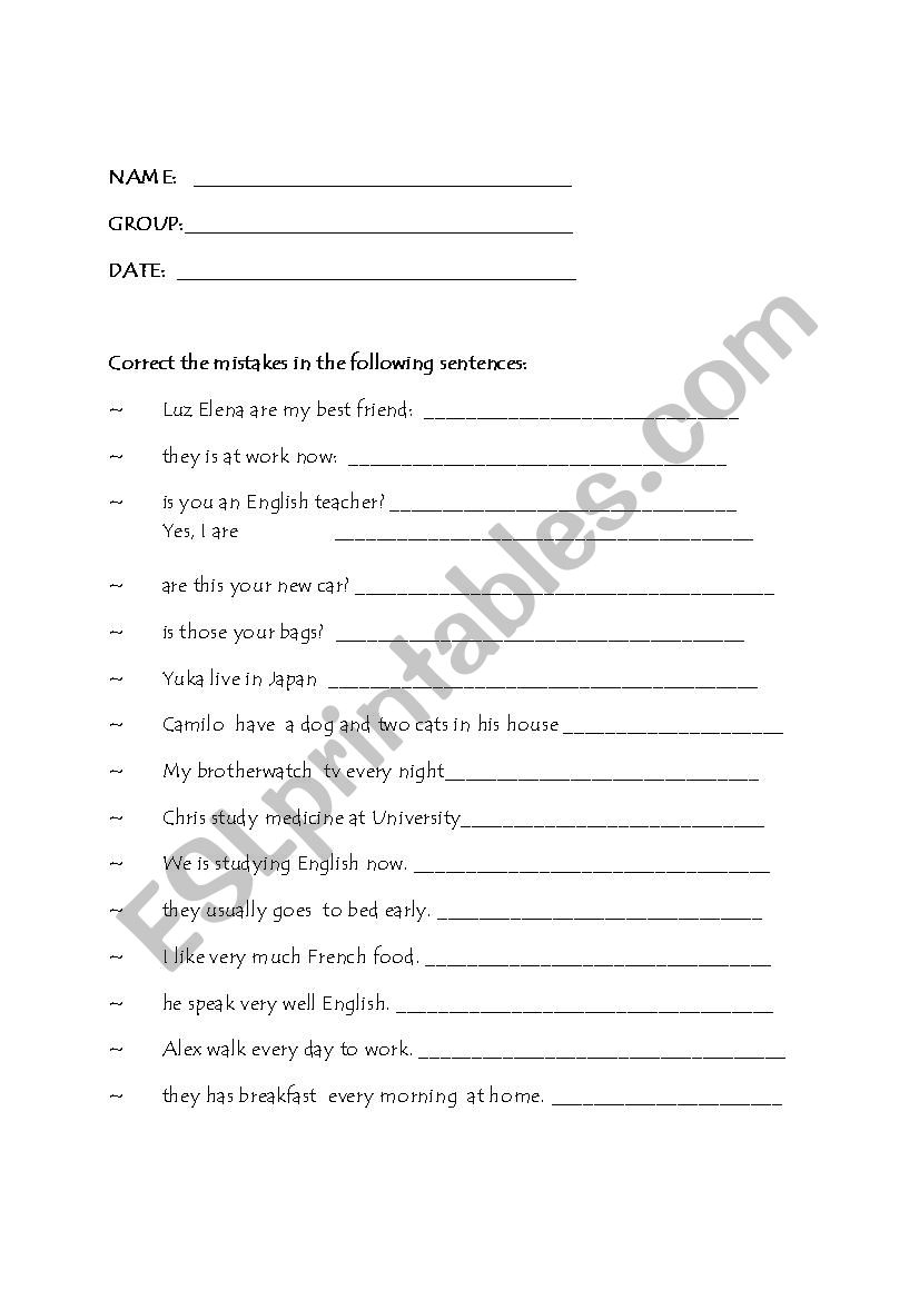 CORRECT THE MISTAKES worksheet