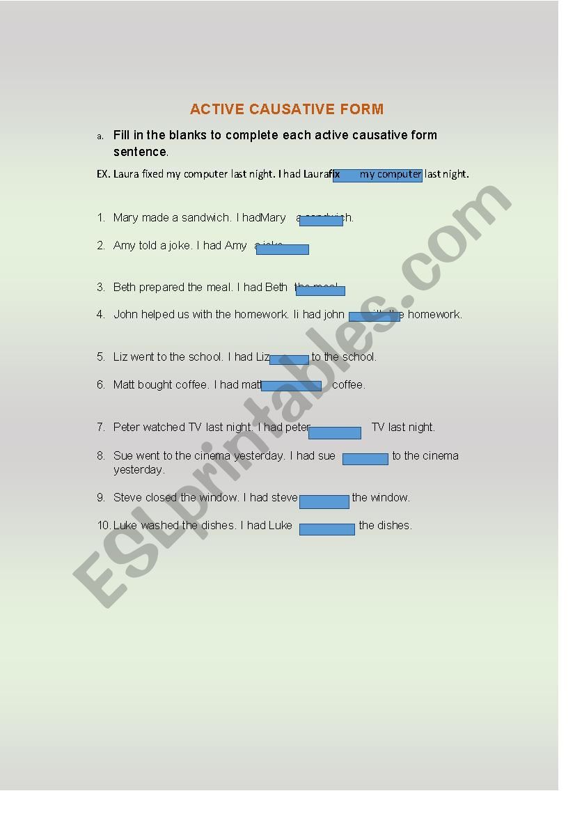 causatives active worksheet