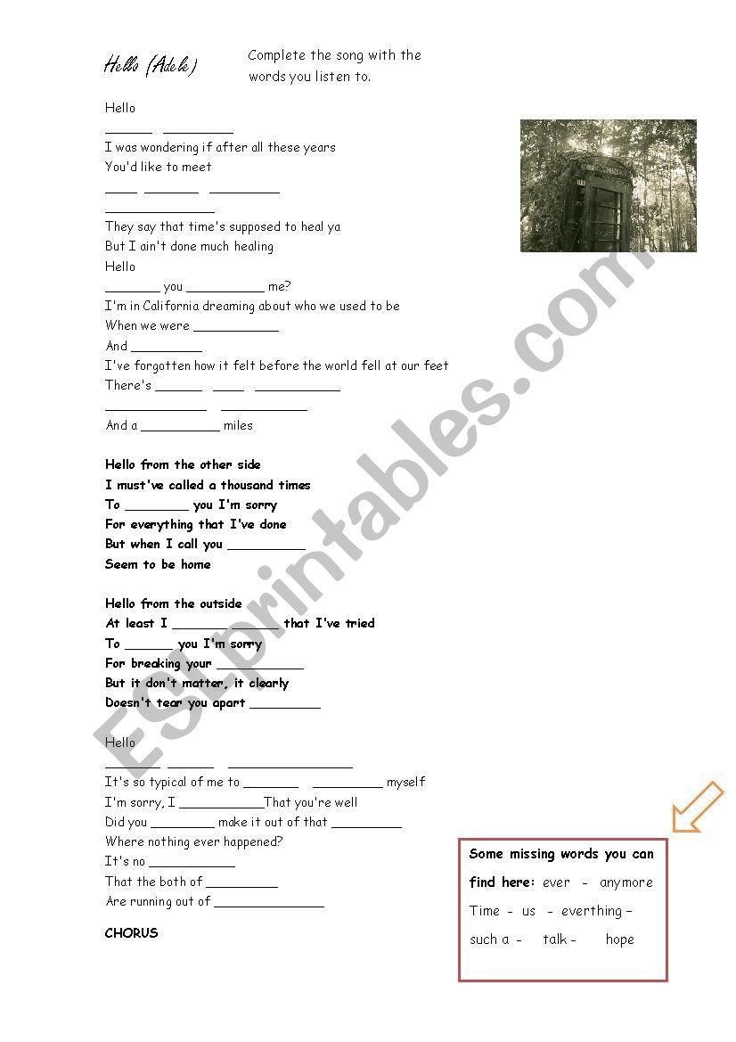 Hello by Adele worksheet