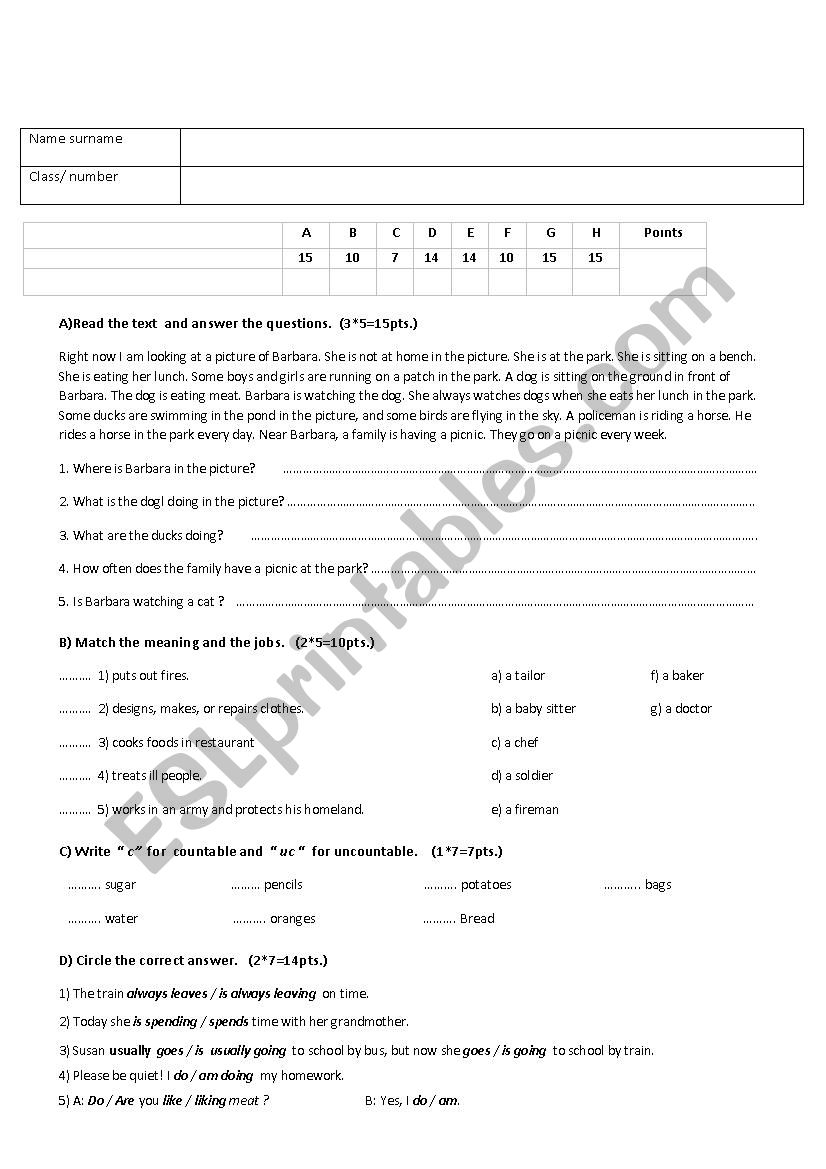 exam worksheet