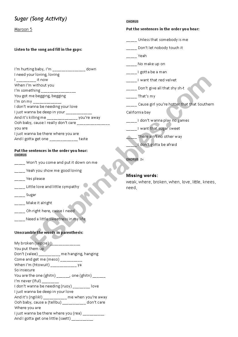 Sugar - Maroon 5 worksheet