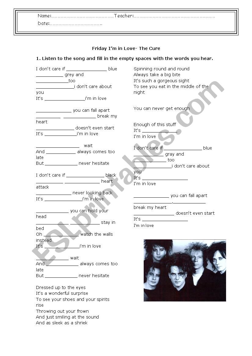 Friday I´m in love - ESL worksheet by Tavinho86