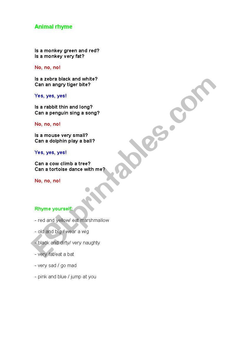 Animal Rhyming ESL Worksheet By MrsPolinaD