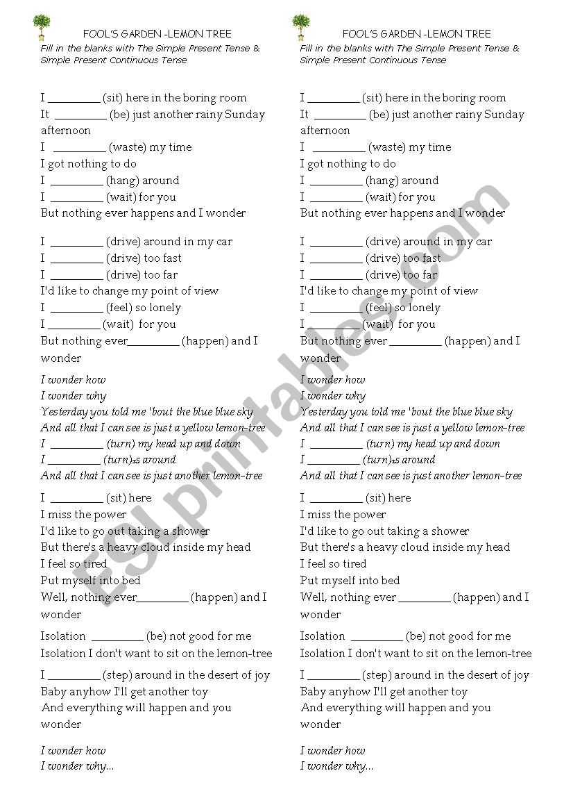 Lemon Tree by Fool´s Garden - ESL worksheet by ninkas