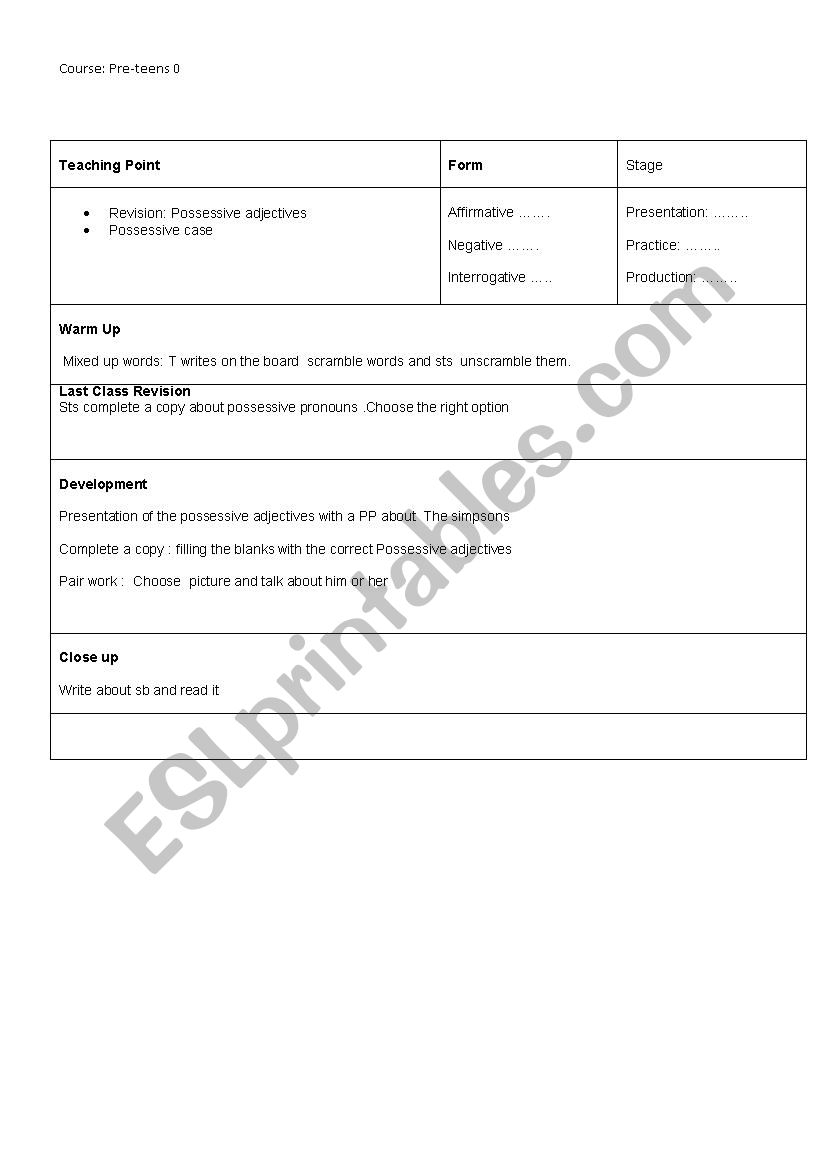 lesson plan about possessive adjectives and possessive case - ESL ...